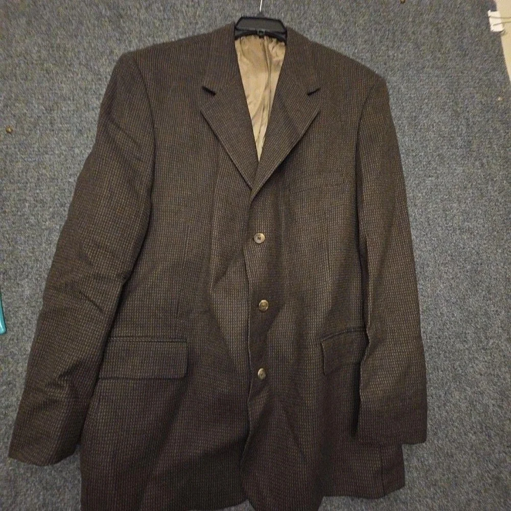 John Weitz Blazer Sport Coat Mens 48L Brown Check Tweed Classic Long Jacket